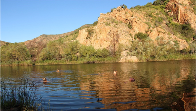 A body of water with trees and a hill in the background

Description automatically generated